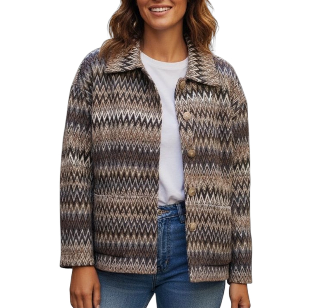 Flora Ashley Womens Chevron Quilted Coat Button Long Sleeves Multicolor Medium